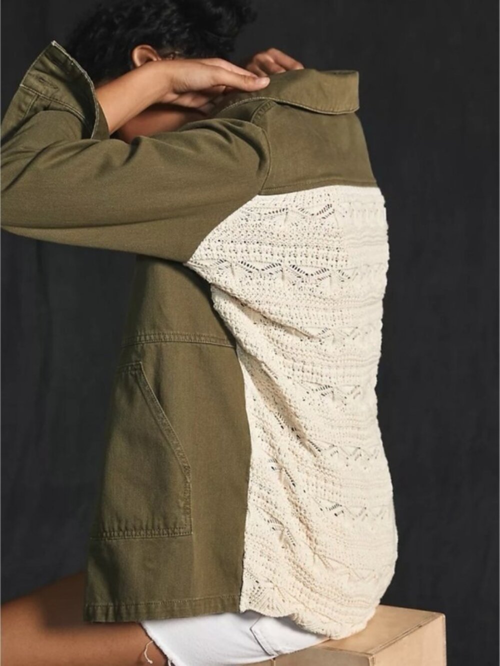 Anthropologie Crochet-Back Denim Utility Jacket Military Dark Green S